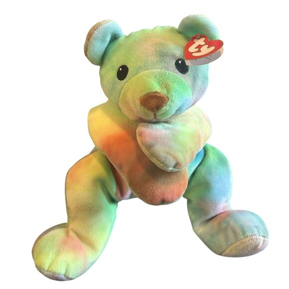 TY Pillow Pet 14" Vintage 1998 Tie-Dye Plush Bear With Pink Bow & Heart Tag - Picture 1 of 4